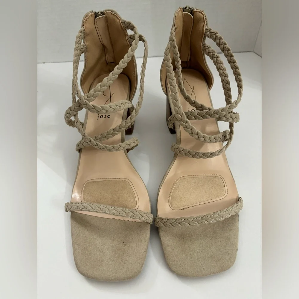Joie Felina Women Beige Braided Open Toe Strappy Block Heel Sandals Size 9.5